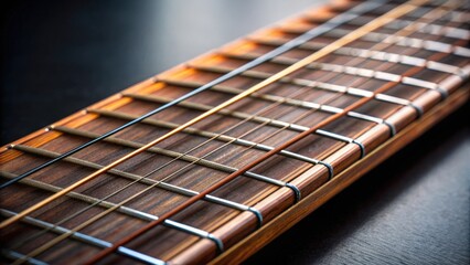 Close-up of a guitar fingerboard with frets and strings