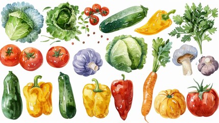 Collection of watercolor fresh herbs and spices on white background