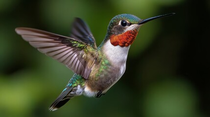 A vibrant hummingbird in mid-flight, showcasing its colorful plumage against a lush green background, embodying beauty and nature.