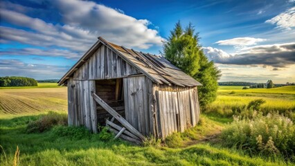 Naklejka premium An old gray wooden shed collapsed in a summer countryside landscape