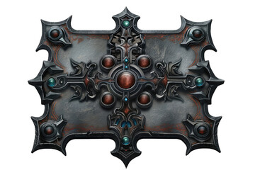 Intricate fantasy shield design featuring ornate details, gemstones, and a dark metallic finish, ideal for video game artwork.