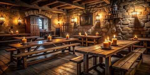 Obraz premium Medieval tavern interior with wooden tables, candles, and rustic decor
