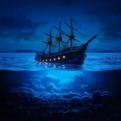 Haunted pirate shipwreck, glowing undersea, ghostly lights, Watercolor style
