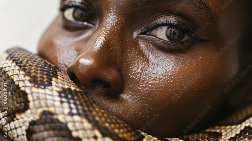 Poster a captivating close-up shows a person interacting with an exotic snake, highlighting the striking co
