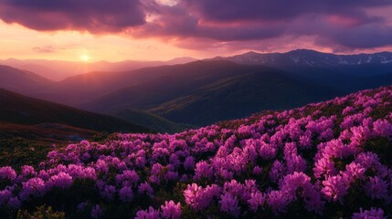 Obraz premium Mountain Sunset with Blooming Rhododendrons
