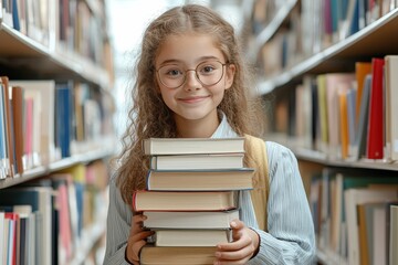 Stylish 20s hipster high school student with glasses, carrying a stack of books in a college library, focused on preparing for exams and completing homework.

