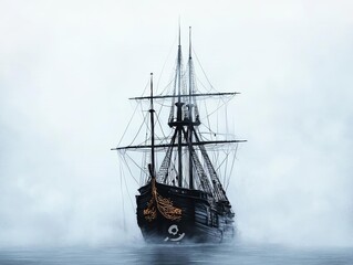 Obraz premium Abandoned pirate ship, haunted by spirits, eerie fog, Watercolor style