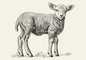 Fototapeta premium Sheep, lamb. Vintage retro print, black white sheep lamb sketch ink pencil style drawing, engrave old school. Sketch artwork silhouette farm sheep lamb. Side view profile. Illustration