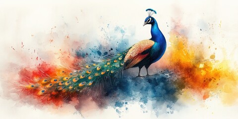 Fototapeta premium Watercolor Painting of a Peacock with Splashes of Color