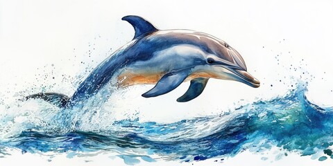 Fototapeta premium Watercolor Painting of a Dolphin Leaping from the Ocean