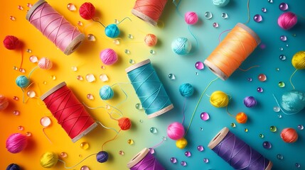 Color paints with sewing threads and colorful bubbles isolated on colorful background