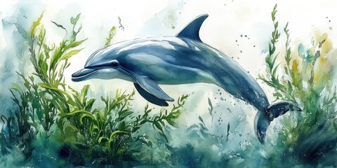 Naklejka premium Watercolor Painting of a Dolphin Leaping Through Seaweed