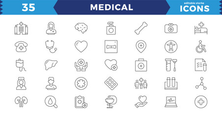 Medicine and Health symbols - minimal thin line web icon set. signs and symbols of medicine and pharmacology, hospital, doctor, tests, etc. Emergency, medical equipment, RX, MRI, doctor, lab, icon