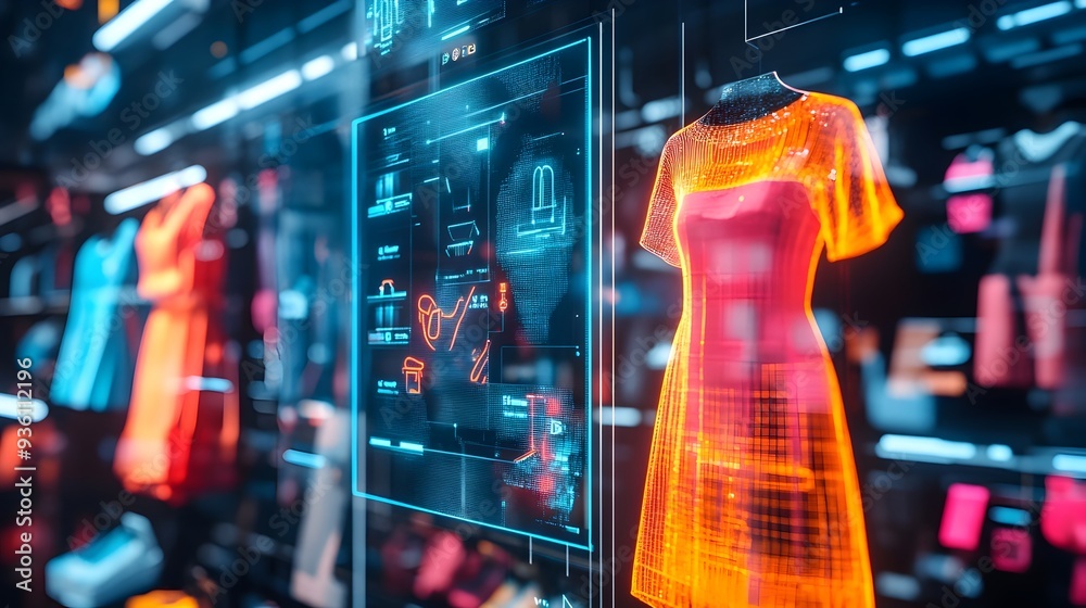 Poster futuristic digital interface with holographic data visualization and analytics