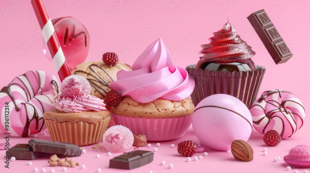 Wall mural cupcakes with toppings on pink background