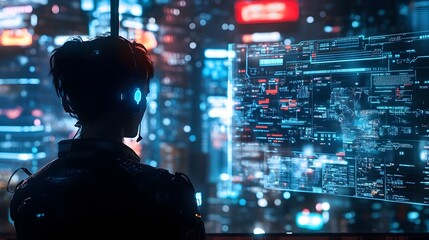 Futuristic City Skyline at Night Illuminated by Neon Lights and High Tech Displays