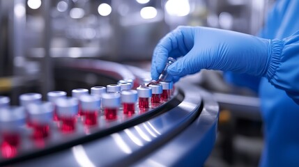 A gloved hand carefully inspects a line of vials filled with a pink liquid on a conveyor belt in a pharmaceutical laboratory.
