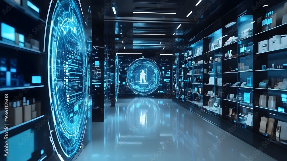 Poster futuristic digital technology datacenter and server room with glowing circuits and intelligence auto