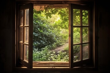 Fototapeta premium Open window overlooking autumn forest scene