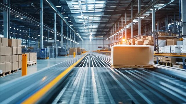 A modern warehouse with conveyor belts transporting packages and boxes under bright lights, signifying efficient logistics and automation.
