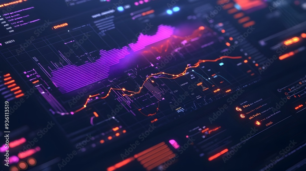 Wall mural futuristic data visualization interface with vibrant financial analytics charts