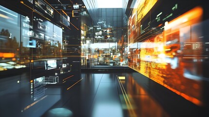Futuristic Digital Data Matrix with Glowing Neon Lights in Urban City Interior