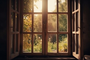 Fototapeta premium Open window overlooking autumn forest scene
