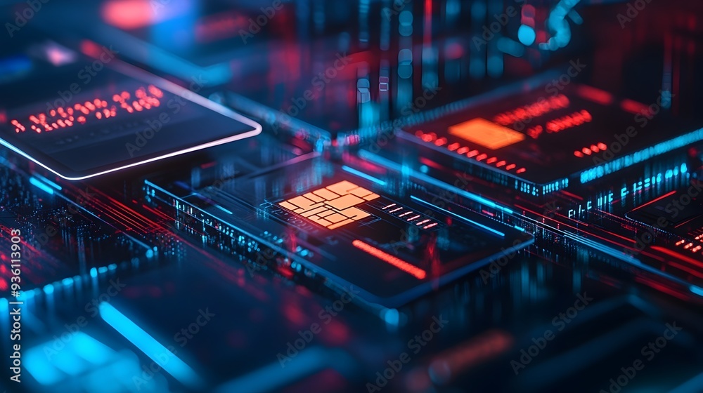 Wall mural futuristic circuit board backdrop with glowing microchips and digital data