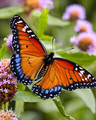 Fototapeta premium Upurple butterfly, butterfly on violet flower, purple bloom with butterfly, butterfly on floral, close-up of purple flower with butterfly, butterfly and violet blossom, purple garden flower, butterfly