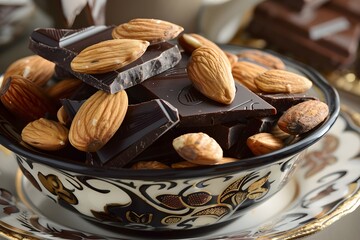 Dark Chocolate and Almonds in a Decorative Bowl