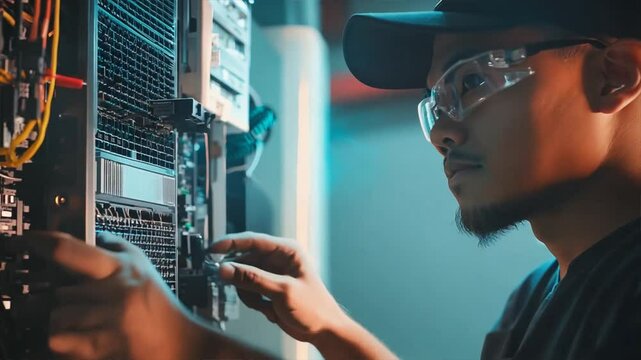 Technician working on a server in a data center, adjusting cables and ensuring proper setup, wearing safety glasses and a cap.