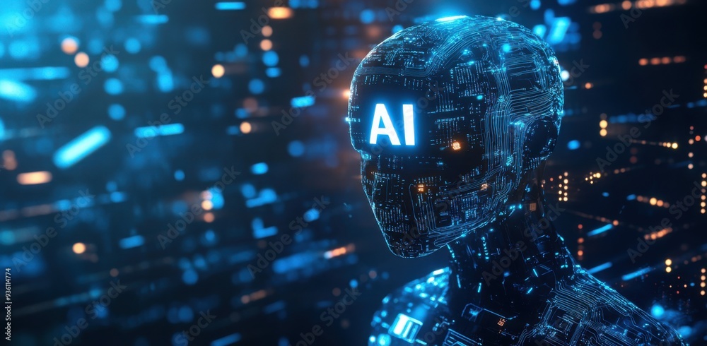 Poster futuristic ai robot with illuminated circuits and glowing ai letters on head in technological digita