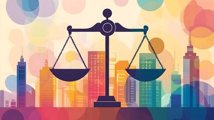 Balancing scales of justice in a thriving modern cityscape symbolizing legal equity financial prosperity and strategic vision