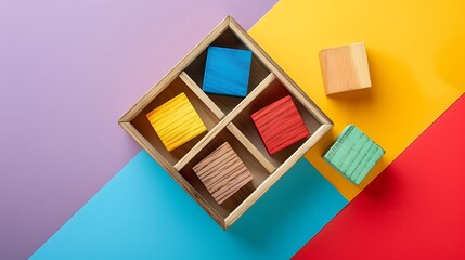 Colored wooden cubes in a box isolated on colorful background