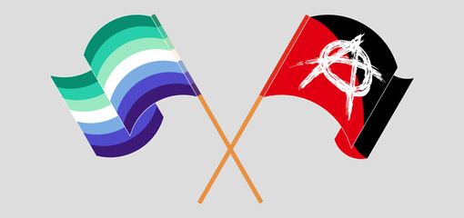 Crossed and waving flags of gay men pride and Anarchy