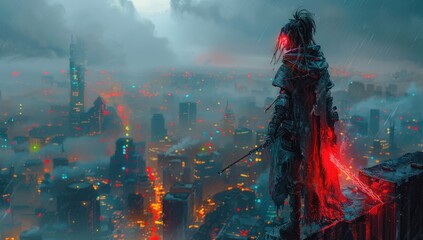 A lone figure stands on a rooftop overlooking a futuristic city