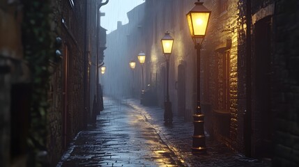 Fototapeta premium Charming Cobblestone Alley at Night with Glowing Lanterns and Historic Brick Buildings
