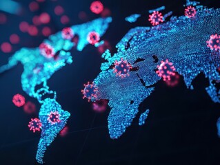 Virus spread visualization, map with hot zones, 3D illustration