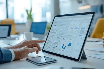 Digital tech and collaboration in a creative coworking office, where business people use a tablet for UX design and planning website updates.
