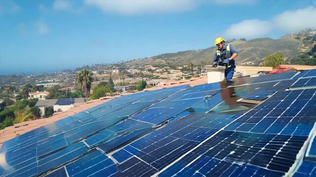Technician in safety gear installing solar panels on a rooftop with scenic view in the background.