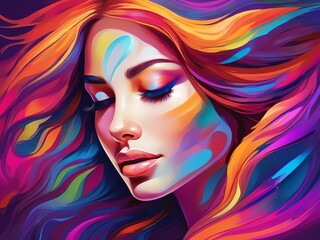 A digital art portrait of a serene woman with her eyes closed and flowing hair