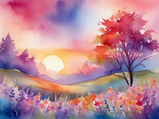 A watercolor painting of a serene sunset with flowers in shades of blue pink and purple