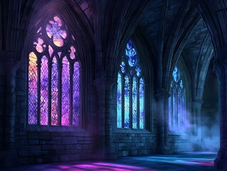 Naklejka premium Enchanting Gothic Cathedral Interior with Vibrant Stained Glass Windows and Ethereal Lighting