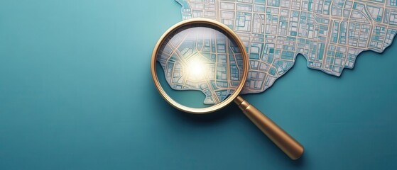 A 3D magnifying glass shining light on a digital map, revealing pathways of information, symbolizing search navigation