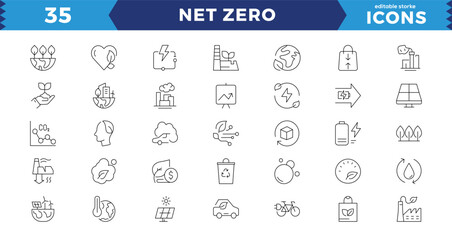 net zero, eco, sustainable development editable stroke outline icons set isolated on white background flat vector illustration. Wind Turbine, Carbon Footprint, Sustainability, Editable line