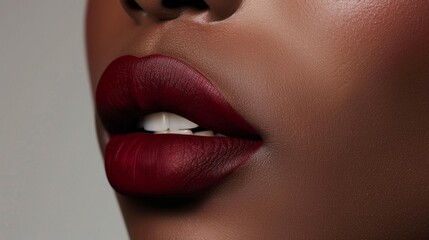 The striking contrast of dark matte lipstick on full lips creates a bold statement, highlighting their natural shape and allure against a soft, muted background