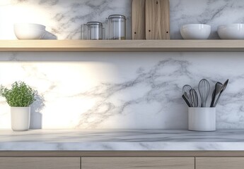 In the kitchen of a white home, there are cabinets and shelves filled with kitchenware