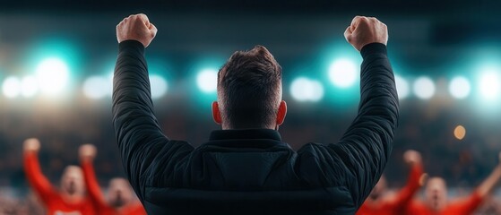 A coach celebrating a victory with their team, arms raised in triumph, capturing the joy and fulfillment of coaching success