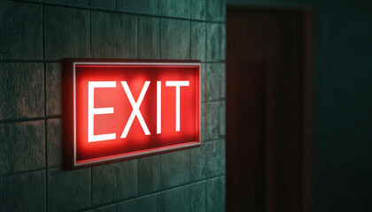 A creative visualization of emergency exit signs glowing in a dark corridor, emphasizing evacuation safety
