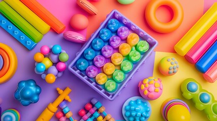 colorful antistress sensory fidget toys isolated on colorful background